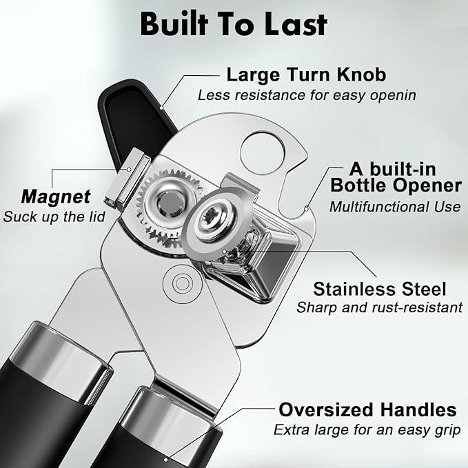 3PCS Can Opener Manual & Bottle Opener & Wine Opener, Smooth Edge Can Openers with Strong Magnet, Heavy Duty Stainless Steel Abrelatas Handheld Waiter Corkscrew - Premium Kitchen Supplies (Black) - Image 3