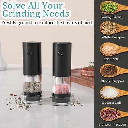 Electric Salt and Pepper Grinder Set, Automatic Salt Pepper Mill Grinder with Adjustable Coarseness, One-Button Control, Easy Filling Larger Capacity with Led Light for Home Kitchen Appliances (Black)