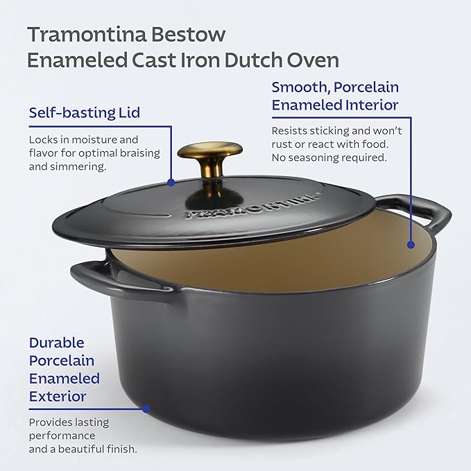 Tramontina Bestow Enameled Cast Iron Dutch Oven Pot with Lid, Round 5.5-quart, Smoke (Gold Knob) - Image 4
