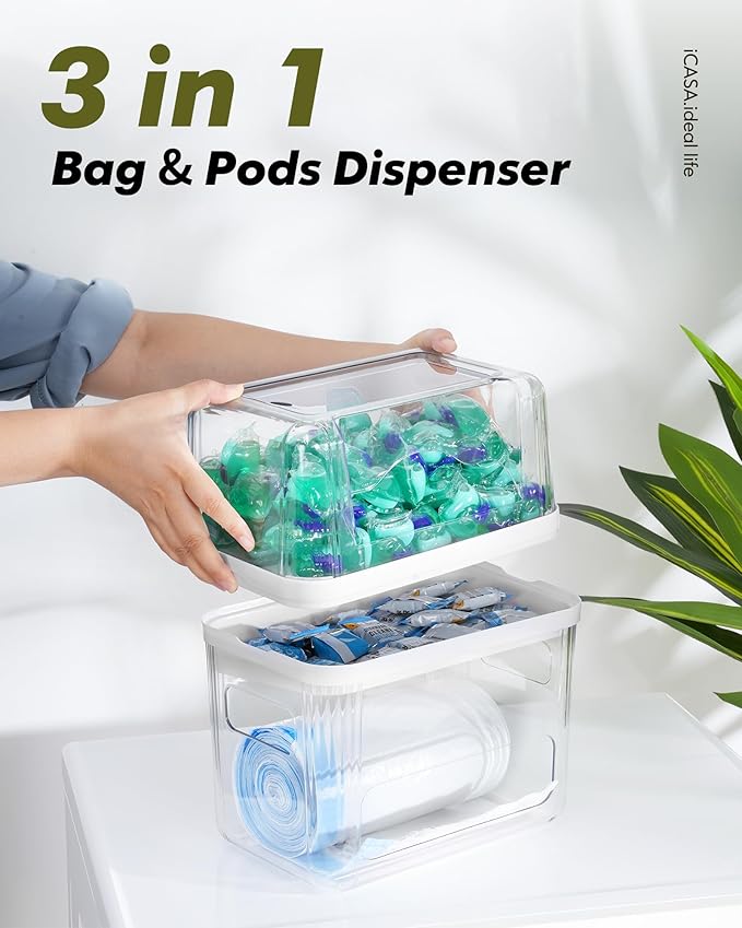 iCASA Trash Bag Dispenser Dishwasher Pod Organizer, 3 in 1 Grocery Garbage Bags Holder Storage Box Clear Laundry Room Pods Dishwasher Tab Cleaner Tablets Container Pantry Kitchen Under Sink Organizers - Image 2