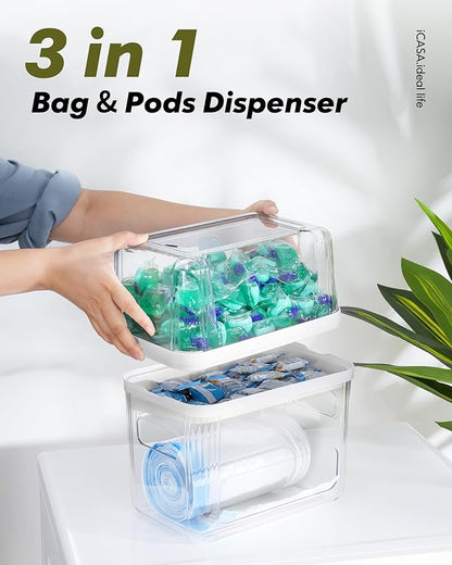 iCASA Trash Bag Dispenser Dishwasher Pod Organizer, 3 in 1 Grocery Garbage Bags Holder Storage Box Clear Laundry Room Pods Dishwasher Tab Cleaner Tablets Container Pantry Kitchen Under Sink Organizers - Image 2