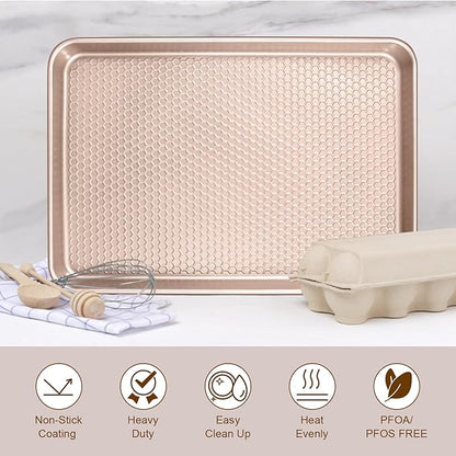 Wildone Baking Sheet Pan Set, Honeycomb Embossed Nonstick Baking Sheet 15x10 In, Thicker Carbon Steel Cookie Sheet, Even Heating Jelly Roll Pan, Rose Gold, 2 Pack - Image 7