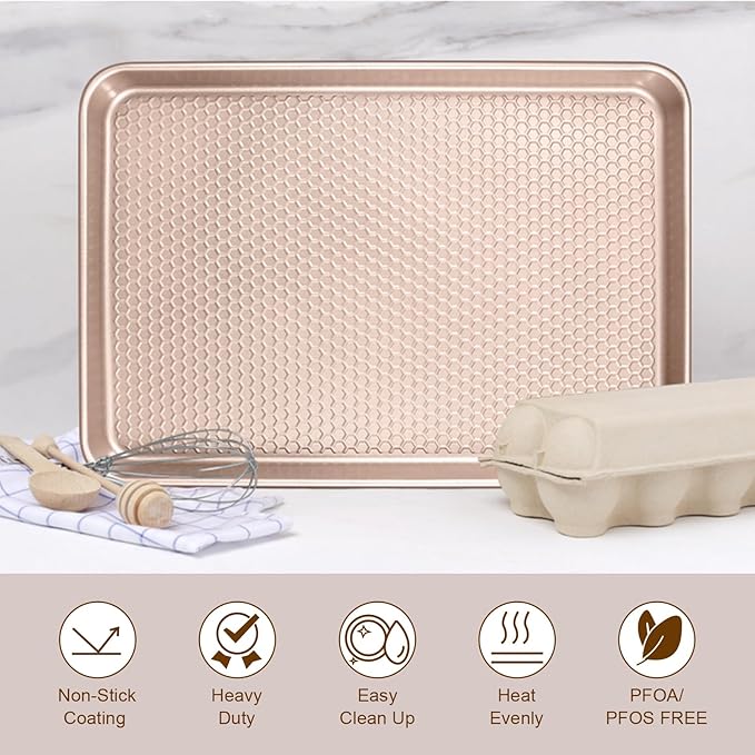 Wildone 2 Pack Half Sheet Baking Pans, Honeycomb Embossed Nonstick Baking Sheet 17.5x12 In, Thicker Carbon Steel Cookie Sheet, Even Heating & Warp Resistant, Rose Gold - Image 7