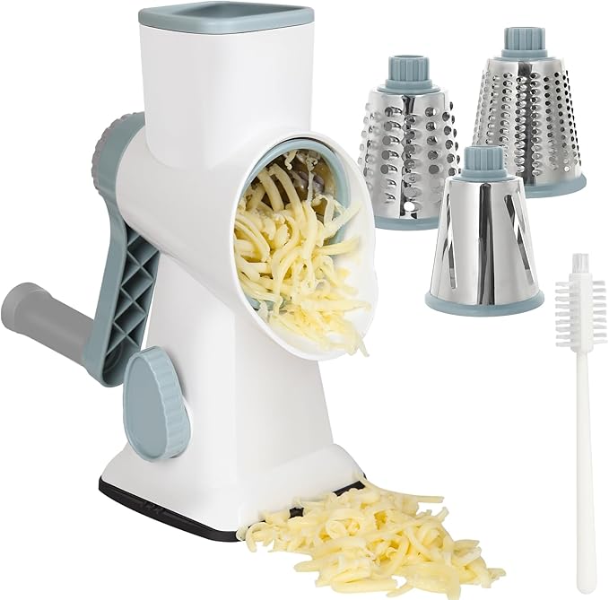 Rotary Cheese Grater Hand Crank with Suction Base, 3-in-1 Cheese Shredder for Cheese, Vegetables & Nuts, Easy to Clean (white) by Unknown