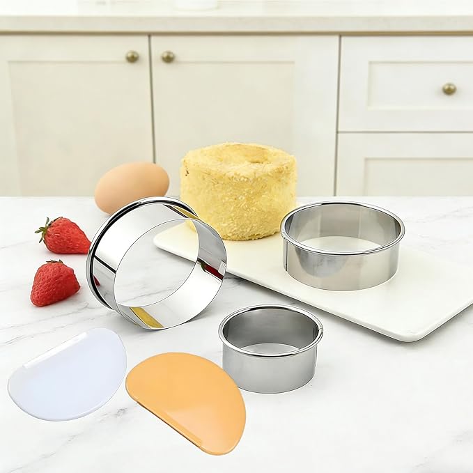 8pc Round & Circle Cookie Cutter Set with 2 Scrapers - 6 Stainless Steel Biscuit Cutters (2"-6", 1.18" Deep) - Includes 6" Bench Scraper & Silicone Bowl Scraper - Tools for Pastry, Donuts & Scones