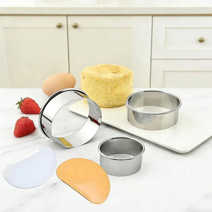 8pc Round & Circle Cookie Cutter Set with 2 Scrapers - 6 Stainless Steel Biscuit Cutters (2"-6", 1.18" Deep) - Includes 6" Bench Scraper & Silicone Bowl Scraper - Tools for Pastry, Donuts & Scones