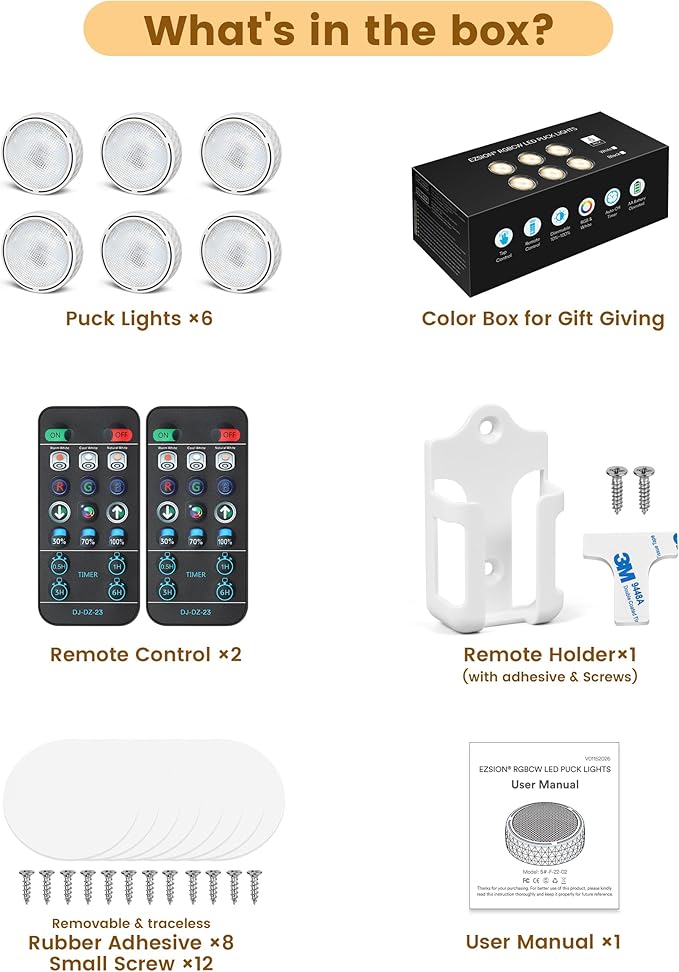 Cabinet Lights, Battery Operated LED Puck Lights with Remote Control & Timer, Warm White & RGB Multi Color Stick on Tap Push Light for Kitchen, Under Counter, Shelf, Display Case, 6 Pack, White