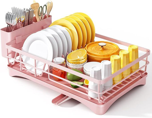 Dish Drying Rack for Kitchen Counter - Large Dish Rack with Drainboard, Rustproof Dish Drainer with Utensil Holder for Sink, Pink by SNTD