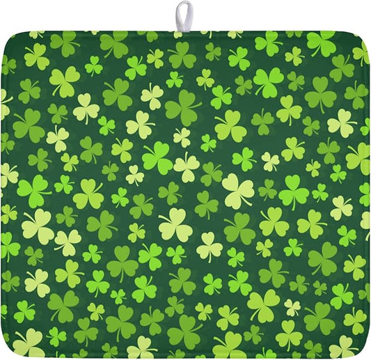 St. Patrick's Day Dish Drying Mat for Kitchen Counter,Irish Green Shamrocks Clover Leaves Drying Mat 16 x 18 Inch with Absorbent Reversible Microfiber Dish Drying Pad for Coffee Bar by Anyako