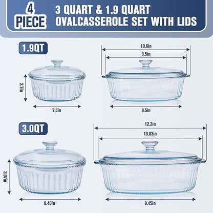Glass Baking Dishes for Oven, 2 Pack Casserole Dishes with Lid, Oval Baking Dish Set for Lasagna Casseroles Leftovers Cooking Kitchen, 1.9 Qt and 3 Qt, Clear - Image 2