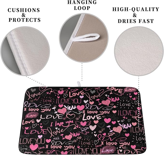 Mother's Day Dish Drying Mat for Kitchen Counter Love Heart Black Drying Mats Absorbent Reversible Microfiber Dish Pad Washable Dish Draining Mat Extra Large 16x18 inch - Image 3