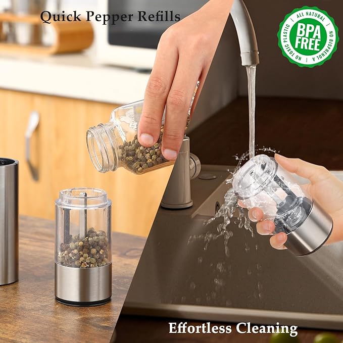 Electric Salt and Pepper Grinder Set, USB Rechargeable, Stainless Steel Automatic Salt and Pepper Mill Grinder with Adjustable Coarseness, Electric Salt Shakers, LED Light, Refillable (2 Packs) - Image 6