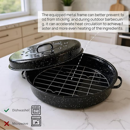 Oval Roasting Pan with Lid and Rack 18" Large Roaster Pan Set Comes With Lron Rack Enamel Cook Ware Dishwasher Compatibility Granite Oven Roaster