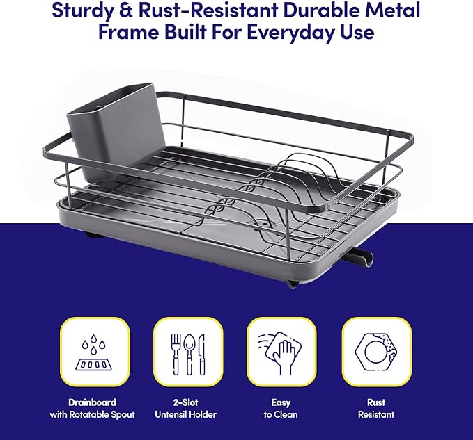 Dish Drying Rack 3 Piece Dish Drainer with Drainboard Set for Kitchen Counter – Dish Rack with Removable Utensil Holder & Swivel Spout for Countertop – DishRack for Plates, Cups & More, Gray