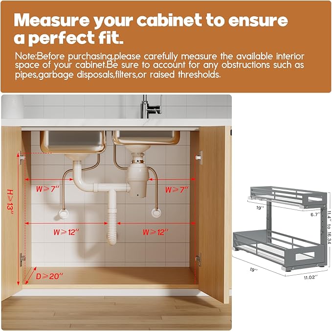 2-Pack 19"Deep Under Sink Organizer And Storage, 2-Tier L-Shaped Pull Out Cabinet Organizer with Upgraded Slide Rails, Height Adjustable Drawers for Kitchen&Bathroom, Extra-Large Storage Shelves–Gray - Image 2