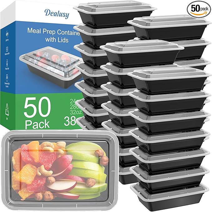 Dealusy 50 Pack (100-Piece) 38 oz Meal Prep Containers Reusable with Lids, Sturdy Leakproof & Food Safe, Microwave, Freezer, Dishwasher Safe Prep Containers, To Go Take Out Plastic Food Storage by Dealusy
