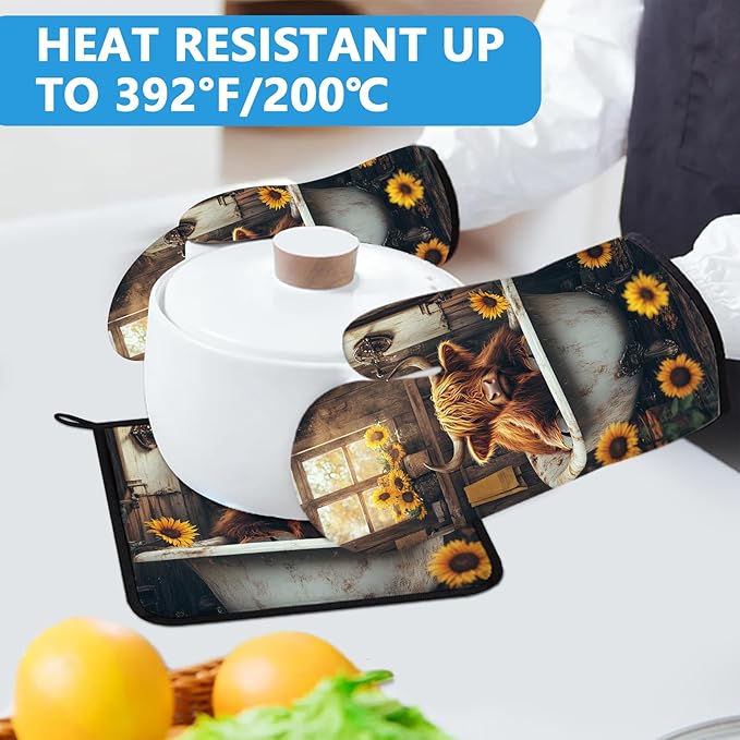 Highland Cow Sunflower Oven Mitts and Pot Holders Sets Heat Resistant 4Pcs Potholders Oven Gloves Hot Pads for Kitchen Baking Cooking Grilling BBQ