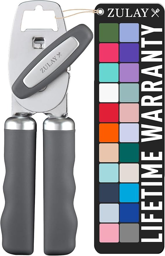 Zulay Kitchen Heavy Duty Stainless Steel Can Opener Manual with Bottle Opener - Rust Proof Manual Can Opener With Turn Knob & Comfy Soft Grip Handles - Gray by ZulayKitchen