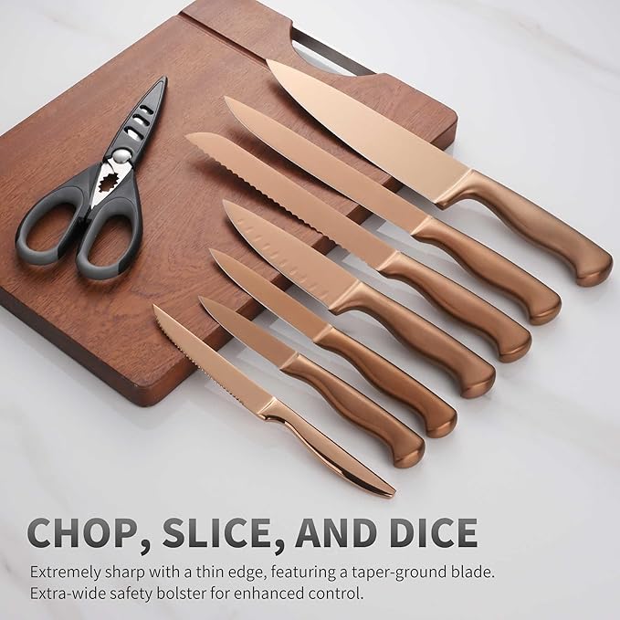 15-Piece Rose Gold Knife Block Set with Sharpener, Chef Professional Knife Set, Stainless Knife Set With Scissors, Steak Knives