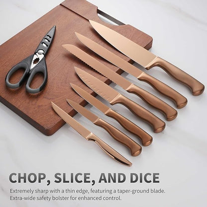 15-Piece Rose Gold Knife Block Set with Sharpener, Chef Professional Knife Set, Stainless Knife Set With Scissors, Steak Knives