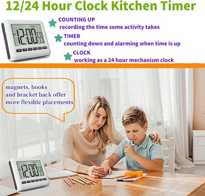 Magnetic Digital Clock for Kitchen - Timer with Alarm, 12/24 Hours, Big Screen, Loud Alarm & Strong Magnet - Count-Up & Count Down for Baking, Sports, Office, Study - Black