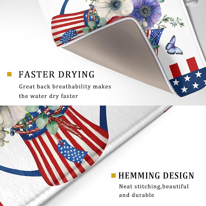 Patriotic American Flag Dish Drying Mat 18x24 Inch Spring Summer Flower 4th of July Memorial Kitchen Mats Vintage Absorbent Dishes Pad for Kitchen Counter Memorial Home Decorations for Countertops