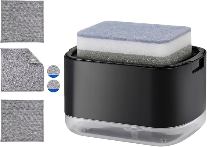 Kitchen Dish Soap Dispenser with Sponge Holder, 5-in-1 Countertop Soap Pump Dispenser, Soap Dispenser for Kitchen Sink with 3-Packs Wire Dishwashing Rag by Unknown