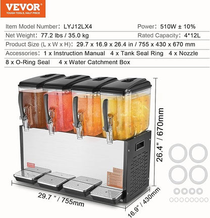 VEVOR Commercial Beverage Dispenser, 4 Tanks 12 L / 12.7 QT Per Tank Juice Dispenser, 510W Stainless Steel Ice Tea Drink Machine with 45°F-54°F Cooling Temperature, for Cold Drink Restaurant Bar Party - Image 7