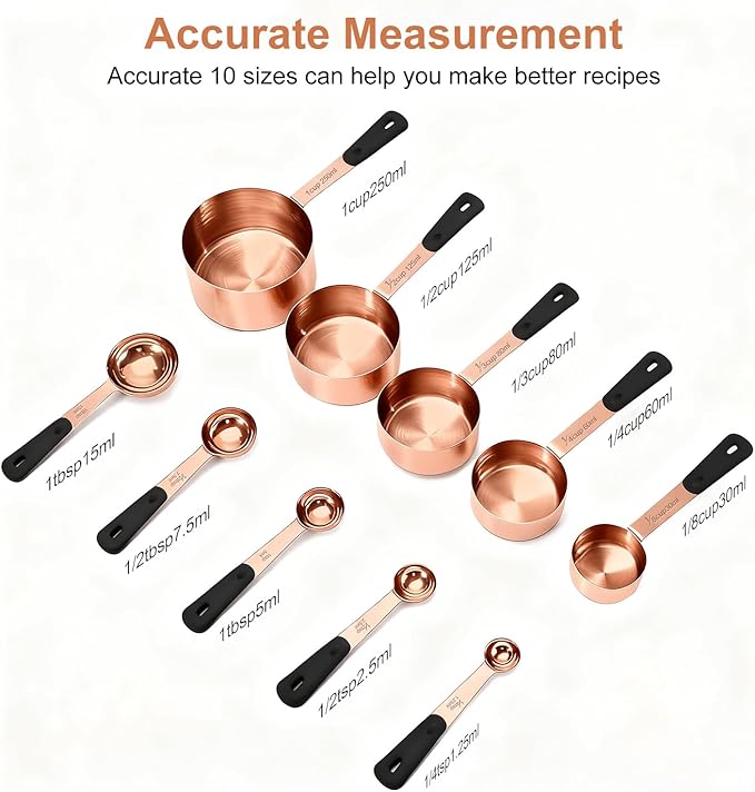 Bopei Measuring Cups and Spoons Set, Rose Gold Plated Stainless Steel 10 Piece for Cooking and Baking (5 Cups + 5 Spoons RoseGold) - Image 2