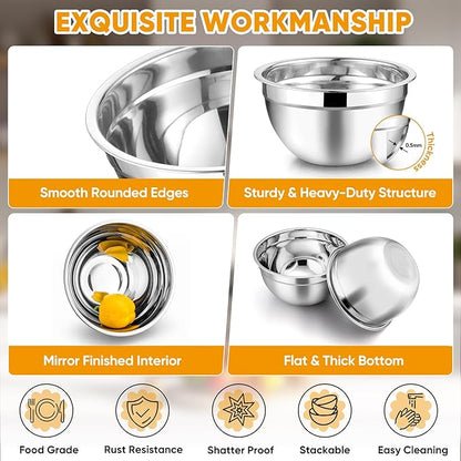 TeamFar Mixing Bowl Set of 5, 4.5/3/1.5/1/0.7 QT, Stainless Steel Metal Nesting Salad Bowl with Lid Set, Ideal for Mixing Serving, Non-Toxic & Sturdy, Airtight Lid & Easy Clean, Black - Image 4