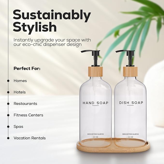 Clear Glass Hand and Dish Soap Dispenser Set by Brighter Barns - Kitchen Soap Dispenser Set with Bamboo Tray - Modern Kitchen Decor, Minimalist Decor (Clear) - Image 2
