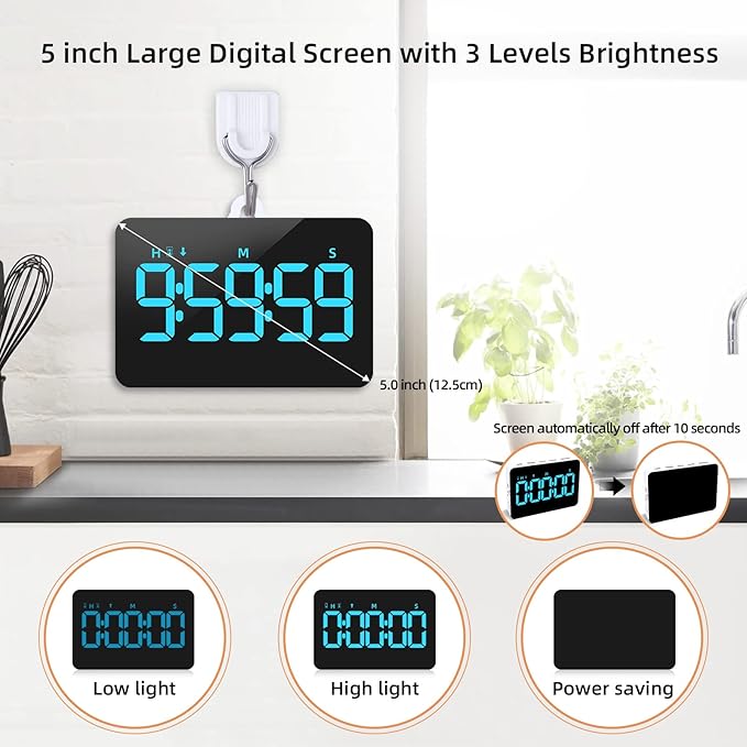 Rechargeable Digital Kitchen Timer for Cooking, Magnetic Timers with Countdown/up, Kids Timer with 5”LED Display 3 Brightness 4 Volume Adjustable for Classroom/Office/Home/Work/Fitness/Game（Blue） - Image 3