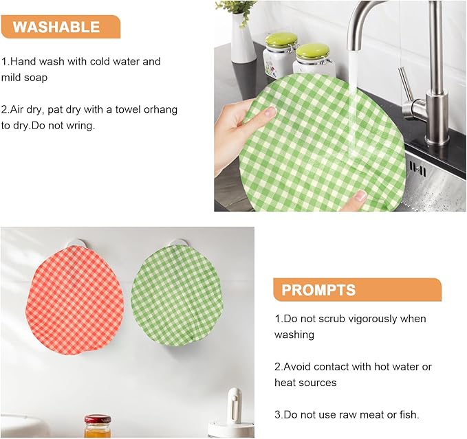 Reusable Bowl Covers for Bread Proofing（2 Large）- Cotton Beeswax Bowl Covers Reusable with Elastic Rim, Sourdough Bowl Cover for Food Storage and Food Preservation (10INCH) (checkered)