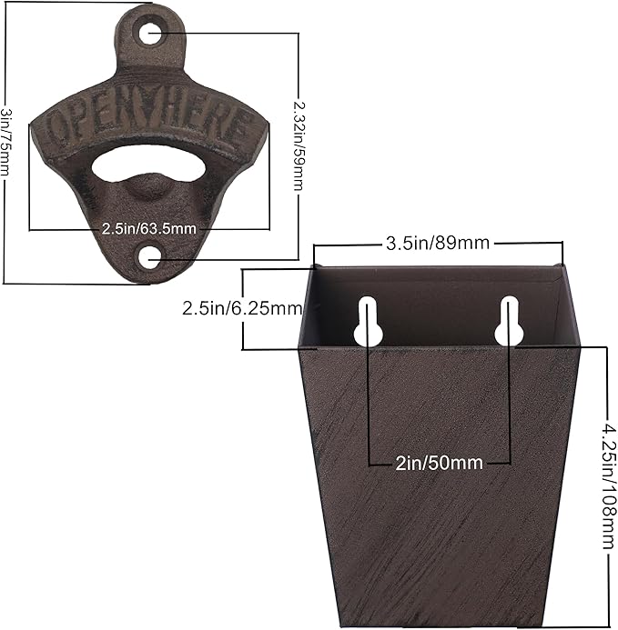 Rustic Cast Iron Beer Bottle Opener Wall Mounted with Cap Catcher Vintage Narrow Bundle - Image 5
