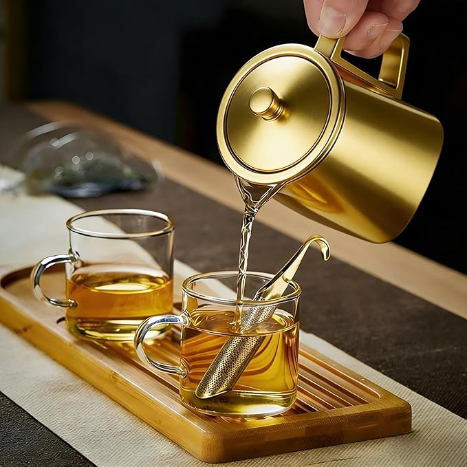 2 Pcs Tea Infuser with Hook Handle, Tea Diffusers for Loose Tea, Tea Steeper Stainless Steel Tea Strainers & Filters with Teaspoon Tea-tweezers Steel Wire Cloth(gold)
