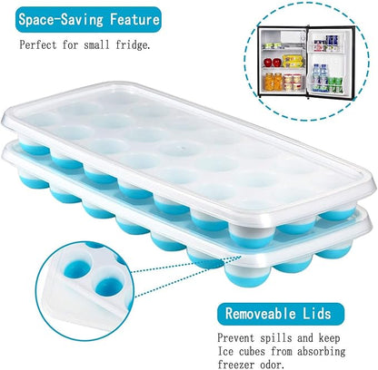 Ice Cube Trays Easy Release-Odor free,Spill Resistant Lid Included,2 Pack, Small Size, Stackable 42 Cubes,Silicone(Blue)