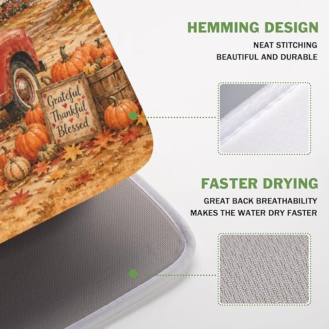 Fall Pumpkin Dish Drying Mat for Kitchen Counter Thanksgiving Autumn Harvest Pattern Microfiber Dish Drainer Mat Vintage Rustic Farmhouse Absorbent Washable Drying Pad 16"x18"
