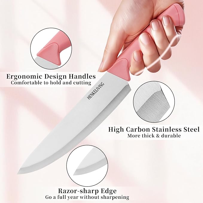 Knife Set, 14-Piece Kitchen Knives Set with Block, Built-in Sharpener, German High Carbon Stainless Steel, Ergonomic Non-Slip Handles, Peach Pink - Image 3