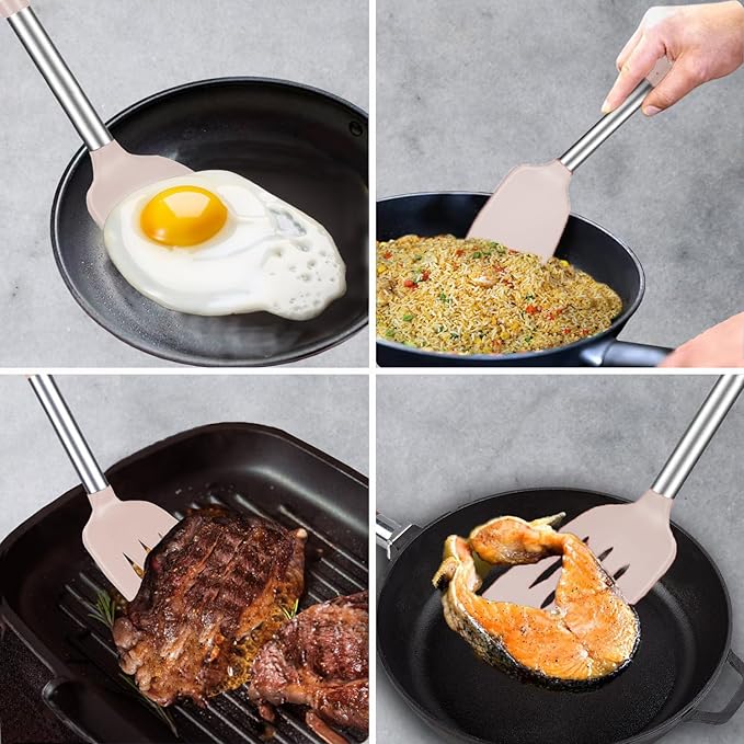 2 Pack Spatulas, Solid & Slotted Silicone Spatula Set, Stainless Steel Handle Coated with Silicone, Non Stick Turners, Heat Resistant Rubber Spatulas for Fish, Eggs, Pancakes, Khaki - Image 8