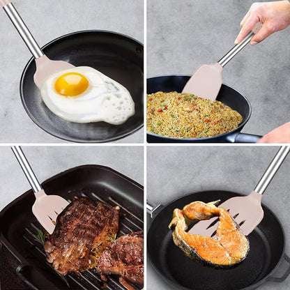 2 Pack Spatulas, Solid & Slotted Silicone Spatula Set, Stainless Steel Handle Coated with Silicone, Non Stick Turners, Heat Resistant Rubber Spatulas for Fish, Eggs, Pancakes, Khaki - Image 8