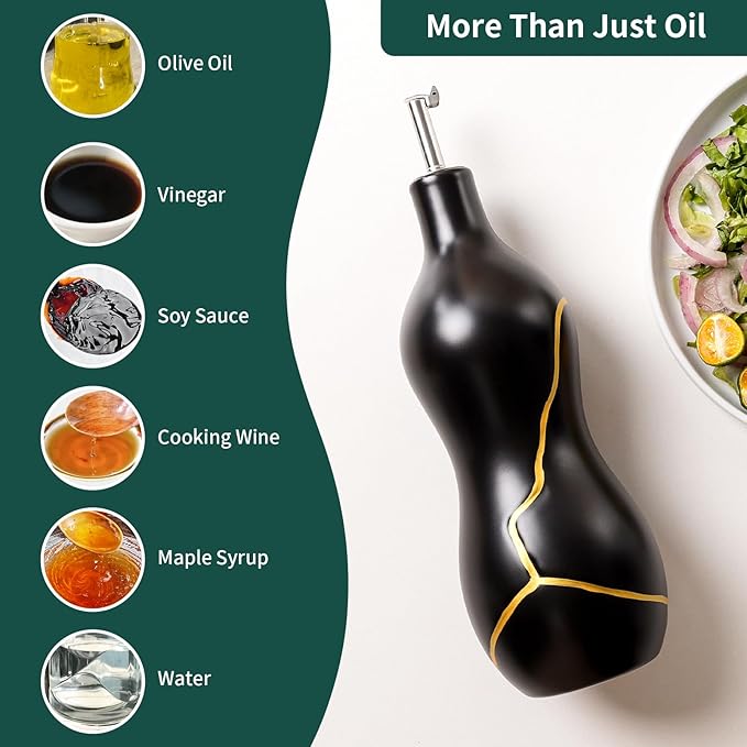 BosilunLife Ceramic Olive Oil Dispenser Bottle, 14 Oz Oil Cruet with Elegant Gold Accent & Curved Ergonomic Design, Non‑Drip Vinegar Bottle for Kitchen & Dining, Black