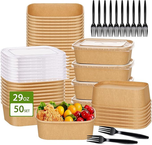 50-Pack 29oz Disposable Kraft Paper Bowls【with Lids and Forks】,Meal Prep Containers Disposable Togo Food Deli Containers for Restaurant Supplies Take Out Containers, Microwave Safe for Hot/Cold Food