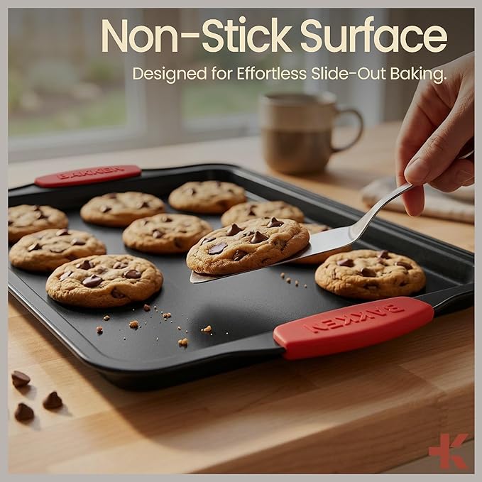 Baking Pan Set – 3 Piece Cookie Sheet – Deluxe Black Non-Stick Carbon Steel – Silicone Handles – Commercial Grade Restaurant Quality – PFOA PFOS and PTFE Free by Bakken - Image 5