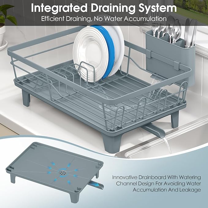 Urackify Dish Drying Rack for Kitchen Counter, Sink Dish Rack with Drainboard, Large Dish Drainer with Cups Holder, Home Countertop Plate Dryer Storage Rack with Cutlery Holder, Blue - Image 5