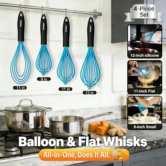 Anaeat Silicone Kitchen Whisk Set of 4, Perfect for Non-Stick Cookware, Milk and Egg Beater Blender for Whisking, Cooking, Baking, Beating - 11'' Flat Whisk and 9''+11''+12'' Balloon Whisks (Blue) - Image 7