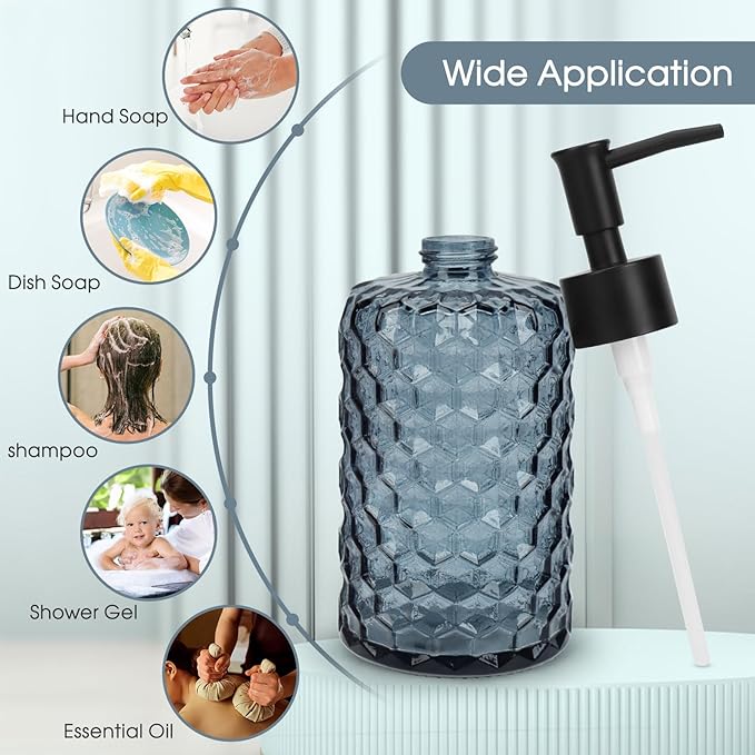 Topsky Glass Soap Dispenser with Plastic Pump, 475ml Liquid Hand Soap Dispenser, Rustproof Pump for Kitchen & Bathroom, Great for Lotions, Essential Oil, Liquid Soaps (Grayish Blue) - Image 6