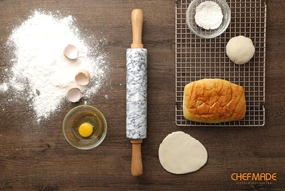 CHEFMADE 18-Inch Marble Rolling Pin with Wooden Handles and Cradle, Non-Stick (Gray and White) - Image 4