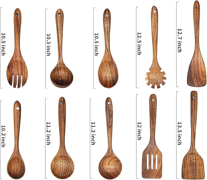 Wooden Spoons for Cooking,10 Pack Wooden Utensils for Cooking Wooden Cooking Utensils Wooden Kitchen Utensils Set Natural Teak Wooden Spatulas for Cooking - Image 3