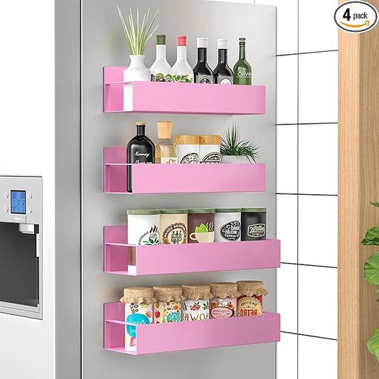 HuggieGems 4 Pack Magnetic Spice Storage Rack Organizer for Refrigerator and Oven, Pink Fridge Organizers and Storage by HuggieGems
