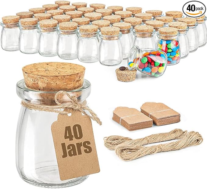 Ritayedet 40 Pack Glass Favor Jars with Cork Lid, 3.4 oz Small Glass Bottles for Wedding Favor, Baby Shower, Party Favor, Gift Jars for Candy, Bonus Twine and Labels by Ritayedet